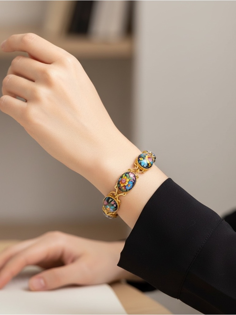 Vintage Gold-Tone Bracelet with Vibrant Hand Painted Cobalt Blue Floral Enamel